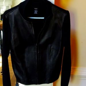 Genuine leather and knit jacket